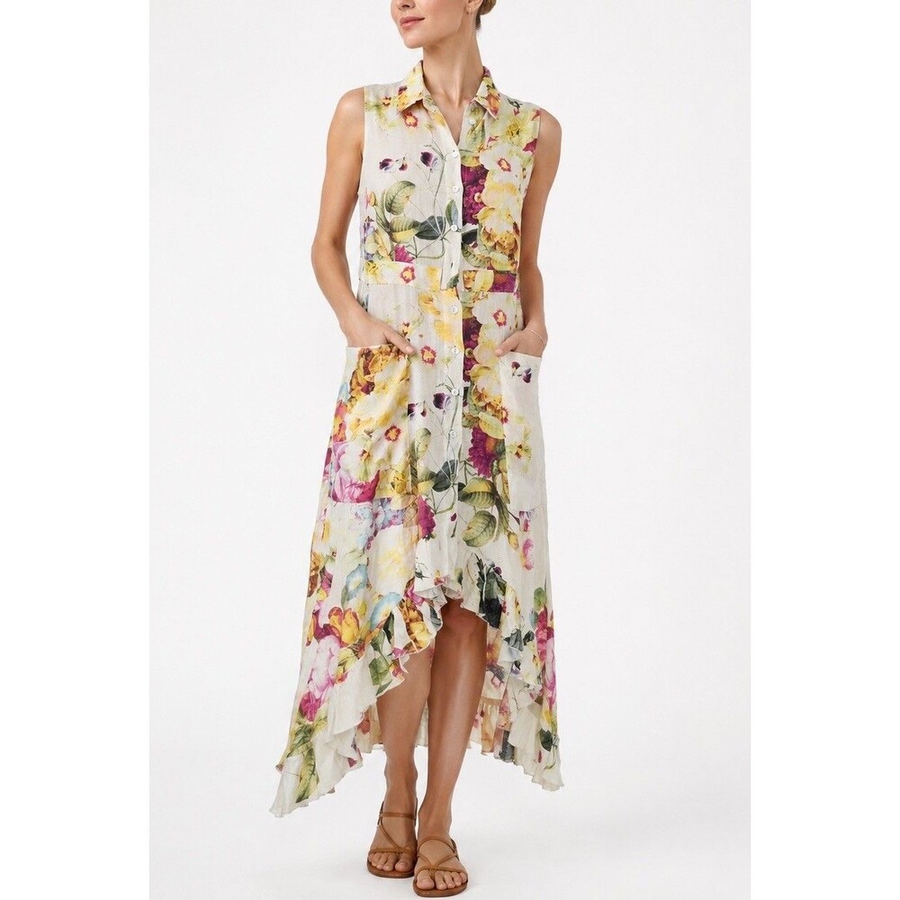Alembika Dress Size M Floral 100% Linen Sleeveless Asymmetrical Midi Pockets